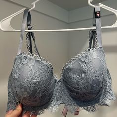 Never Worn Nwt, Excellent Condition Victoria’s Secret Bra. Size 38d. Has An Underwire, No Extra Padding, Not A Push Up. Victoria's Secret Padded Party Bra, Victoria's Secret Gray Bra, Padded Bra For Party, Elegant Gray Underwire Bra, Elegant Fitted Gray Bra, Victoria Secret Bras, Blue Glitter, Women's Intimates, Victoria’s Secret