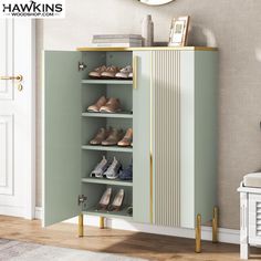 a green cabinet with several pairs of shoes on it