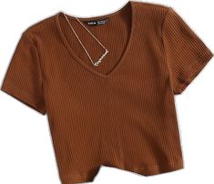 Casual Brown V-neck Top, Ribbed Cotton V-neck T-shirt, Brown Knit Crew Neck Top, Trendy Long Sleeve Knit T-shirt, Trendy Crop Top T-shirt For Fall, Trendy Fall Crop Top T-shirt, Brown Cotton V-neck Top, Casual Solid Color Crop Knit Top, Casual Ribbed Crop Top T-shirt