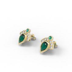 Emerald and Diamonds stud earrings Unique and elegant Emerald and diamonds fan-style stud earrings made in 14 or 18 Karat Gold Handpicked pear cut Green Emeralds are Set along small diamonds full of sparkle and fire. Vintage inspired these earrings add the perfect amount of sparkle to either everyday wear or for a special occasion. - Made to Order, perfectly finished, Fast shipping fully insured and trackable online. - Emerald information: Two 6x4mm pear cut Chatham Emeralds, 0.97 ctw and a pair Emerald Studs, Emerald Diamond Earrings, Luxury Green, Dainty Gold Earrings, Stud Earrings Unique, Earrings Luxury, Fan Style, Earrings Unique, Green Gemstones