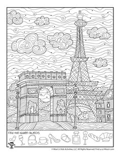 the eiffel tower in paris with clouds above it and other things to color