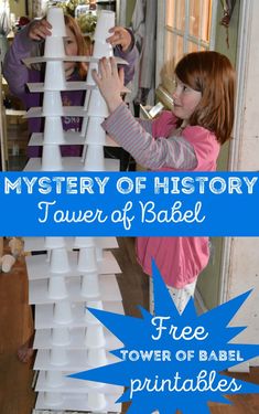 the tower of babel is made out of plastic bottles and paper plates with text overlay that reads mystery of history tower of babel free power of babel printables