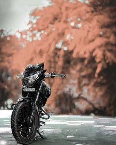 a motorcycle parked in front of an orange tree