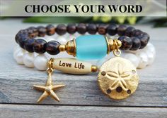 Ocean Inspired Freshwater Pearl Palm Wood Bracelet with Sand Dollar and Starfish Charms Ocean Bracelet, Palm Wood, Beach Bracelets, Inspirational Bracelets, Wood Bracelet, Your Word, Blue Sea Glass, Sea Inspired, Freshwater Pearl Bracelet