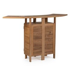 a wooden table with an umbrella shaped top and two drawers on the bottom, against a white background