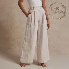 Womens Linen Pants, Wide Leg Pants, Casual Trousers, Summer Pants, Palazzo Pants, Linen Culottes, High Rise Trousers, Wide Leg Trousers My Long Pleated Pants are designed to elevate your fashion game while ensuring maximum ease of wear. Crafted with a wide-leg silhouette, these pants provide a flattering and flowy look that complements various body types. The added pleats at the waist create a graceful drape, giving the trousers a touch of sophistication and helping you show off your slim waist. Beige Trousers For Summer Work, Beige Summer Work Trousers, Summer Wide Leg Work Pants With Pockets, Elegant Non-stretch Linen Pants, Summer Beige Wide Leg Dress Pants, Non-stretch High Waist Linen Pants, Beige Wide-leg Non-stretch Pants, Non-stretch Wide Leg Beige Pants, Spring Beige Wide Leg Work Pants