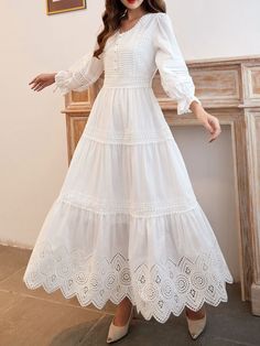 Bohemian A-line Dress With Buttons, White A-line Maxi Dress With Buttons, White Bohemian Maxi Dress With Buttons, White Vintage Dress With Buttons For Spring, White Bohemian Dress With Buttons, White Long Dresses, White Maxi Dress Boho, White Lace Maxi Dress, Spring Dresses Women