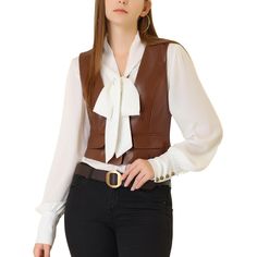 PU Faux Leather vest and slim pattern, features a scoop neck, button-up closure, and high waist. A classic casual faux leather vest, deserves to add to your wardrobe. Different when paired with dress and pants, suit for various occasions. The smooth and delicate leather texture makes this women's faux leather vest exquisite. Allegra K PU faux and button closure detail show off your feminine and casual wearing style. Brown Leather Vest, Leather Waistcoat, Faux Leather Vest, Leather Suit, Fest Outfits, Vintage Vest, Outerwear Vest, Pants Suit, Vest Coat