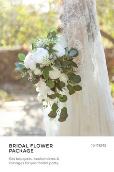 the bridal flower package includes white flowers, greenery and foliage for an elegant look