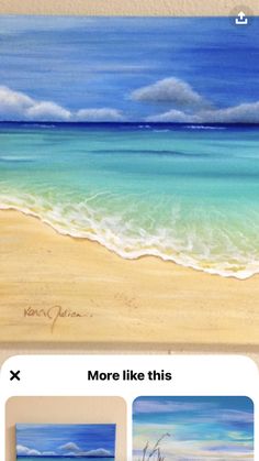 two pictures of the beach with blue water and white clouds, one is painted in acrylic