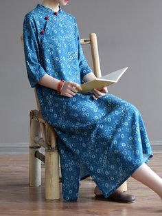 Uoozee Cotton Shift Dress With Maxi Length, Relaxed Fit Long Cotton Dress, Cotton Shift Maxi Dress, Printed Long Sleeve Relaxed Fit Dress, Blue Printed Dress With Relaxed Fit, Casual Long Printed Dresses, Relaxed Fit Long Dress For Spring, Blue Long Relaxed Fit Dress, Spring Cotton Tunic Maxi Dress