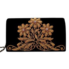 "Exquisite black velvet evening bag, hand embroidered in the zardozi style with copper colored metallic flowers and embellished with genuine amethysts, to create an opulent, dazzling 3D effect. The matte copper threads change to shiny at the tips of the flowers and the leaves. Add an eye-catching pop of color, texture and sparkly bling to your overall party look. It is just the right size to hold your essentials for the night - phone, credit cards, money, keys and lipstick. The shoulder strap ke Festive Formal Evening Bag With Floral Embroidery, Festive Floral Embroidered Evening Bag For Formal Occasions, Evening Bags With Floral Embroidery For Festivals, Formal Clutch With Floral Embroidery For Festivals, Formal Rectangular Evening Bag With Floral Embroidery, Traditional Floral Embroidered Evening Bag, Formal Floral Embroidered Clutch For Festivals, Gold Evening Bag With Zari Work, Embroidered Evening Bag For Festivals