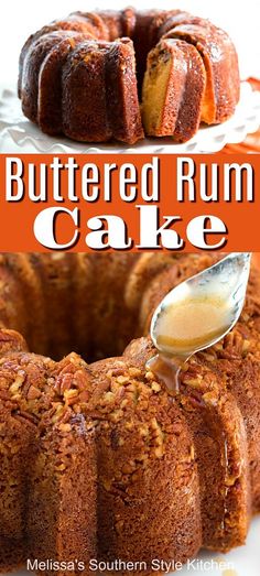 a bundt cake on a plate with a spoon in it and the words buttered rum cake