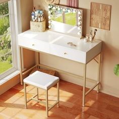 a white vanity table with a mirror and stool in front of a window overlooking a yard