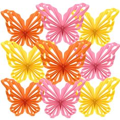 six different colored paper butterflies on a white background, each with one large butterfly in the center