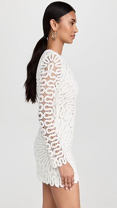 SIMKHAI Mccall Cage Crochet Embroidery Mini Dress | SHOPBOP Party Crochet Dress With Long Sleeves, Fitted White Crochet Dress With Lace Sleeves, White Fitted Crochet Dress With Lace Sleeves, Fitted Long Sleeve Mini Dress With Scalloped Lace, Fitted Crochet Dress With Lace Long Sleeves, Chic Long Sleeve Crochet Lace Dress, Chic Long-sleeved Lace Crochet Dress, Chic Long Sleeve Lace Crochet Dress, Chic Crochet Dress With Lace Trim And Long Sleeves