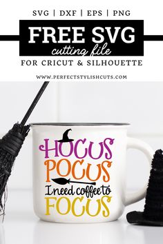 a coffee mug with witches on it and the text free svg cutting files for cricut & silhouette