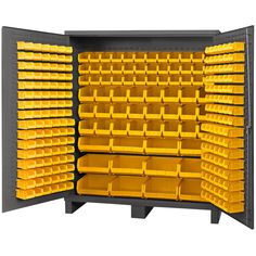 a large storage rack with yellow bins on it