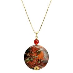 Gorgeous Colors of Jasper and Carnelian on an Italian Vermeil Necklace * Due to inherent nature of natural stones, there may be slight variation in stone sizes, shapes, colors and patterns * Stones: Carnelian, Jasper Stone Size: Jasper stone approx. 1 1/2" in diameter Length: Italian 18kt gold plated sterling silver box link chain. Adjustable length approx. 16" - 18" Material: Vermeil Made in: USA Stone Pattern, Silver Box, Jasper Stone, Vibrant Orange, Gold Plated Sterling Silver, Link Chain, Stone Color, Natural Stones, Chain Necklace