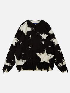 Top Streetwear Brand AelfricEden, Street fashion clothes shopping online, free shipping worldwide! Mens Black Sweater Outfit, Cosmic Fashion, Distressed Knit Sweater, Sweater Star, Distressed Knit, Star Hoodie, Patchwork Sweater, Distressed Sweaters, Fringe Sweater