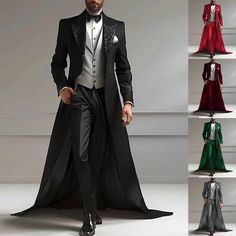 Men's Solid Suits 3 Pieces Slim Fit Jacket+Pant+Long Wraps for Wedding Party | eBay Flashy Suits Men, Enchanted Forest Theme Prom Suit, Suits With Capes For Men, Royal Attire Men, Formal Long Sleeve Sets For Party Season, Long Sleeve Suits For Winter Party, Tailored Long Sleeve Party Sets, Fitted Long Sleeve Three-piece Suit For Wedding, Fitted Full-length Evening Sets