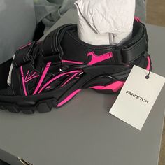 Balenciaga Size 36 (6 In Women) Never Worn Designer Pink Sandals With Removable Insole, Pink Sandals With Ankle Strap And Branded Insole, Spring Pink Open Toe Sneakers, Designer Pink Open Toe Sandals, Designer Pink Sandals For Spring, Balenciaga Sandals, Shoes Balenciaga, Rope Sandals, Denim Sandals