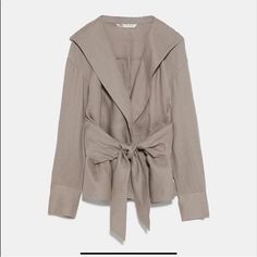 Zara Linen Jacket Cappuccino Color Belted Small New Elegant Brown Outerwear For Day Out, Chic Beige Long Sleeve Blazer, Neutral Blazer For Fall Day Out, Chic Linen Outerwear For Day Out, Chic Long Sleeve Khaki Blazer, Chic Khaki Long Sleeve Blazer, Beige Lapel Collar Outerwear For Day Out, Beige Outerwear With Lapel Collar For Day Out, Beige Linen Outerwear For Work