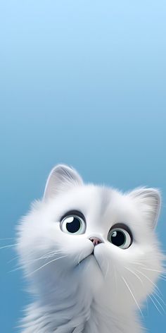 a white cat with big eyes looking up at something in the sky behind it's head