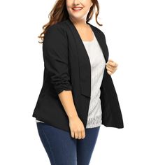 The blazer Jacket for women is a stylish and sophisticated addition to your wardrobe. Made of comfortable materials, this jacket is designed to provide a flattering fit for plus-size women. It features 3/4 pleated sleeves and a shawl collar, adding a touch of elegance to any outfit. Whether you're dressing up for a business meeting or going out for a night on the town, this blazer is versatile enough to suit any occasion. The lightweight design ensures comfort all day long, while the pink color Black 3/4 Sleeve Blazer For Spring, Black 3/4 Sleeve Blazer For Work, Plus Size Blazers, Blazers Black, Shawl Collar Blazer, Fashion Formal, Cute Outfits With Jeans, Plus Size Blazer, Blazer Jackets For Women