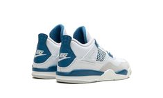 The Air Jordan 4 PS "Military Blue" is the preschool sizing of an original colorway of Michael Jordan’s fourth signature shoe that was re-released in May 2024.  The Jordan 4 “Military Blue” is one of the retro basketball sneaker’s original colorways, and one of its rarest, too.  The style was only released twice before, in 1989 and 2006, until it was brought back in 2024.  The modern version of the “Military Blue” remains faithful to the original look, in that it features the same shape, color block, and “Nike Air” branding as the ‘89 version.  The shoe has a white leather upper with a Neutral Grey overlay on the toe.  Additional Neutral Grey accenting appears on the lace holder “wings. ” White netting is layered over Military Blue mesh on the mid-panel and tongue.  More Military Blue acce Jordan 4 Military Blue, Sneaker Displays, Blue Jordans, Retro Basketball, Jumpman Logo, Air Jordan 4, Stadium Goods, Basketball Sneakers, Kids Jordans