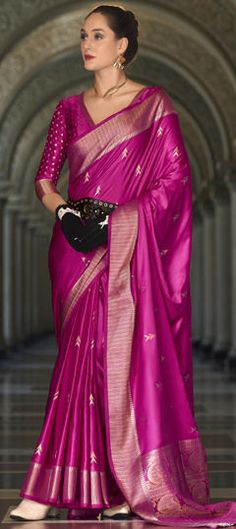 Pink and Majenta color Saree in Silk fabric with Weaving work Saree Gloves, Narcissistic Husband, Engagement Reception, Reception Lehenga, Wedding Pink, Wedding Saree, Silk Wedding, Waist Chain, Banarasi Sarees