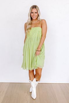 Coastal Flair Eyelet Mini Dress in Lime Punch Lime Punch, Jeans Shirt, Trendy Style, Square Cut, The Sunshine, Upper Body, Side Zip, Smocking, Dress Length