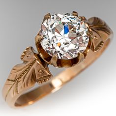 This stunning circa late-Victorian engagement ring is centered with one (1) old European cut diamond weighing 2.46 carats that is set into a six-prong setting. Engraved details accent the shoulders of the ring. The ring measures 9.9mm at the top, rises 6.9mm above the finger, tapering to 2.3mm wide and 0.9mm thick at the base of the shank. The ring is crafted in 14k yellow gold with a nice patina and is currently a size 10. It was sized at some point in its long life. Victorian Engagement Rings, Peridot Jewelry, Antique Diamond Rings, Antique Engagement, Antique Engagement Rings, European Cut Diamonds, Antique Diamond, Vintage Engagement, August Birth Stone