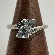 Vintage Aquamarine & Moissanite Sterling Silver Dainty Ring, UK Size N, US Size 6 1/2, EU Size 52 3/4, Stamped 925, Front Max Width 8.5mm, Weight 2.84 Grams, Lovely Condition Anniversary Topaz Ring With Accent Stones, Trillion Cut, Anniversary Trillion Cut Topaz Ring With Accent Stones, Vs Clarity Trillion Cut Anniversary Ring, Moissanite Trillion Cut Anniversary Rings, Trillion Cut Moissanite Anniversary Rings, Zierlicher Ring, Dainty Ring, Rings Statement, Aquamarine