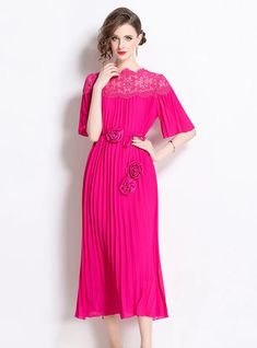 Holistically radiant and strikingly vivid, this fuchsia dress captures the essence of confident femininity. Crafted from sumptuously smooth fabric, it features a pleated design that cascades elegantly from the lace-adorned neckline to the mid-calf hem, ensuring every movement is a statement of grace. The sheer lace at the yoke adds a touch of romantic allure, subtly exposing the skin while keeping the overall look demure. Floral rosettes at the waist provide a bespoke touch, making it a standout Pink A-line Midi Dress With Pleated Waist, Pink Pleated A-line Maxi Dress, Pink A-line Pleated Party Dress, Elegant Pink Midi Dress With Pleated Waist, Pink Formal Dress With Pleated Waist, Pink Pleated Midi Dress For Evening, Pink Pleated Dress For Summer, Fitted Pink Pleated Dress With Pleated Bodice, Fitted Pink Maxi Dress With Pleated Back