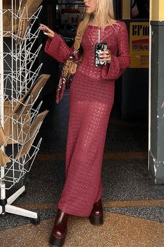 Crocheted Maxi Dress, Crochet Maxi Dress Long Sleeve, Crochet Maxi Dress Black, Bodycon Maxi Skirt Outfit Casual, Crochet Dress Red, Summer Outfit Long Sleeve, Long Sleeve Bodycon Maxi Dress, Maxi Dress Festival Outfit, Festival Maxi Dress