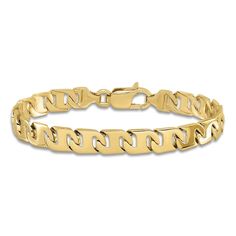 Dynamic solid high-polish anchor links nestle one another along the length of this classic men's bracelet. Fashioned in 14K yellow gold, the 8-inch chain secures in place with a lobster clasp. Classic Gold Bracelets With Hooks And Links, Classic Gold Chain Bracelet With Hooks And Links, Gold Chain Bracelet With Hooks And Links, Classic Oval Link Gold Bracelet, Jared The Galleria Of Jewelry, Men's Bracelet, Classic Man, Link Bracelets, Mens Bracelet