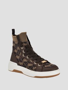 Knit high-top sneakers Quattro G jaquard pattern Faux-leather panels Round toe Chunky sole Lace-up closure Material: Synthetic Sneakers Black, Womens Shoes Sneakers, High Top, Top Sneakers, High Tops, High Top Sneakers, Shoes Sneakers, Faux Leather, Cute Outfits