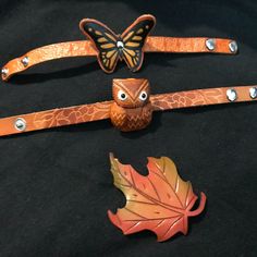 Leather Owl & Butterfly Leather Snap Bracelets W/Leather Leaf Pin - 70's Vibe Leather Butterfly Bracelet / Anklet - Adjustable. Band Measures - 8 Inch. Adjustable Size / Length With 2 Snap Closures. Butterfly Height Approximately 1" Inch. Owl Butterfly Bracelet / Ankle - Adjustable. Band Measures - 8 Inch. Adjustable Size / Length With 2 Snap Closures. Owl Height Approximately 3/4 " Inch. Leather Leaf Pin Measures Approximately - 2.5 Inch. All New & Unworn. Perfect For Any Age. Vintage Vibe. Gre Brown Leather Bracelet Fashion Accessory, Vintage Brown Leather Fashion Bracelet, Vintage Brown Leather Bracelet For Everyday, Brown Vintage Leather Bracelet For Everyday, Leather Owl, Owl Butterfly, Leather Butterfly, Leather Leaf, Snap Bracelets