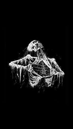 a black and white drawing of a skeleton sitting on top of a mountain covered in ice