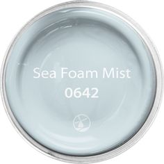 the sea foam mist logo is shown in white on a light blue bowl with silver rim