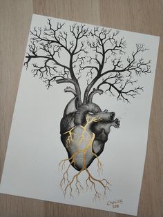 a drawing of a human heart with tree roots