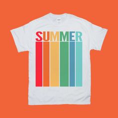 Summer | Retro Sunset | Stripes T-Shirts, Rainbow Stripes Summer Tee, Summer Vibes, Summer Lovers Shirt, Season Shirt This is an amazing soft-style t-shirt that is a staple in every wardrobe. Featuring a rolled forward shoulder, double sleeve needle, and bottom hems as well as a seamless double-needle collar, Gildan 64000 is extremely lightweight but durable. Your stunning designs will not go unnoticed on this crowd-pleaser shirt. THANKS FOR LOOKING! ☺ Want more funny, unique, and creative shirt Trendy Multicolor T-shirt For Vacation, Casual Cotton T-shirt For Summer Adventures, Trendy Multicolor Summer T-shirt, Graphic Tee For Summer Activities, Trendy Multicolor T-shirt For Beach, Trendy Multicolor T-shirt For The Beach, Casual Graphic Print T-shirt For Warm Weather, Summer T-shirt With Graphic Print For Activities, Summer Graphic Tee For Summer Activities