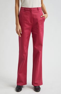 Look impeccable from one meeting to the next in these polished cotton-blend pants designed with flared legs. Zip fly with hook-and-bar closure Front slant pockets; back welt pockets 56% cotton, 40% viscose, 4% elastane Dry clean Imported Red Formal Bottoms With Welt Pockets, Formal Red Bottoms With Welt Pockets, Tailored Cotton Wide Leg Pants, Tailored Full-length Cotton Wide Leg Pants, Tailored Full Length Cotton Wide Leg Pants, Elegant Red Cotton Bottoms, Fitted Wide-leg Cotton Dress Pants, Fitted Cotton Wide-leg Dress Pants, Formal Cotton Wide Leg Pants With Welt Pockets