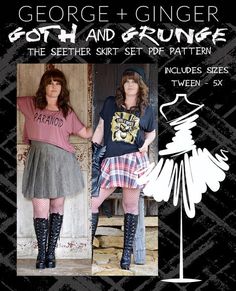 a woman standing in front of a door wearing a skirt and t - shirt with the words george + ginger goth and grunge on it