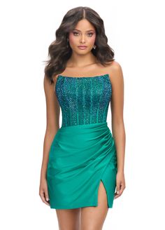 Achieve a stunning look with the Ashley Lauren 4686 Short Sheer Crystal Homecoming Dress. This formal gown features a corset boning for a flawless fit. The scoop neck design adds a touch of elegance, while the sheer crystal detailing adds a subtle sparkle. Perfect for any special occasion. Sizes: 00-18 Colors: Aqua, Emerald, Red, Turquoise, Black, Hot Pink, Royal, White Green Evening Dress With Corset Back For Gala, Green Evening Dress With Corset Back For Formal Occasions, Formal Green Evening Dress With Corset Back, Green Formal Evening Dress With Corset Back, Green Corset Back Evening Dress For Formal Occasions, Green Dress With Corset Back And Fitted Bodice, Green Evening Dress With Fitted Bodice And Sweetheart Neckline, Fitted Green Gown With Corset Back, Fitted Sweetheart Neckline Evening Dress