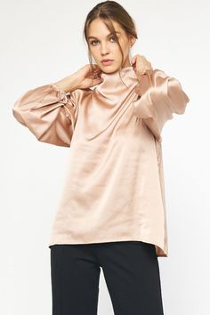 Satin Drape Neck Long Sleeve Blouse | JQ Clothing Co. High Neck Evening Blouse For Fall, Chic High Neck Blouse For Formal Occasions, Feminine Long Sleeve Satin Tops, Elegant High Neck Blouse For Work, Elegant Turtleneck Blouse For Fall, Elegant Fall Turtleneck Blouse, Chic High Neck Silk Top, Chic Silk High Neck Top, Long Sleeve Padded Blouse