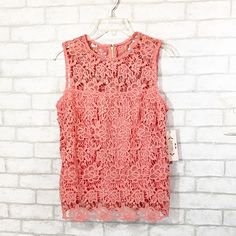 Pit To Pit 17.5” Shoulder To Hem 24” Spring Lace Tank Top, Spring Lace Sleeveless Tank Top, Feminine Lace Sleeveless Tank Top, Pink Lace Tank Top For Spring, Sleeveless Lace Tank Top For Spring, Pink Sleeveless Lace Top For Summer, Pink Lace Top, Pink Lace Tops, Nanette Lepore