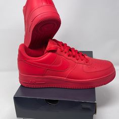 The Nike Air Force 1 Low Triple Red” Is An All-Red Colorway Of The Low-Top Shoe By Nike. The “Triple Red” Displays A Striking All-Red Leather Upper With Perforations On The Toe For Ventilation. Both The Swoosh Branding On Either Side And The “Nike Air” Embroidery On The Back Of The Shoe Are Dipped In Red. The Nylon Tongue And “Nike Air” Branding Tag Continue The All-Red-Everything Theme. The “Triple Red” Retains The Air Force 1’s Traditional Rubber Midsole, In Red, Of Course, To Finish Off The University Red Leather Sneakers With Air Max Cushioning, Custom Red Leather Sneakers With Air Max Cushioning, Nike Air Force 1 Red Round Toe, Nike Custom Sneakers In University Red With Red Sole, Red Nike Air Force 1 With Air Max Cushioning, University Red Nike Air Force 1 With Branded Insole, Red Nike Air Force 1 With Cushioned Footbed, Nike Custom University Red Sneakers With Red Sole, Red Nike Air Force 1 For Streetwear