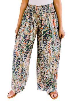 These boho pants feature an eye-catching tropical print all over
	
	
		The shirred and high waist are very cozy and flattering to show a sexy curve
	
	
		These casual pants are lightweight and breathable
	
	
		Pair well with solid color tops for a stylish look
	
	
		
			 Size Chart (CM)

		
		
			
				
					
						Sizes 

							
								
								
									Hip 

										
											
											
												Inseam 

													
														
														
															Bottoms Boho Style Pants, Wide Leg Casual Pants, High Waist Wide Leg Pants, Resort Fashion, Casual Wide Leg Pants, Printed Wide Leg Pants, Boho Pants, Plus Size Pants, Pantalon Large